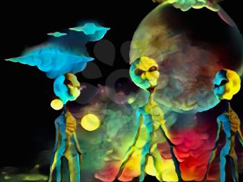 Colorful surreal painting. Three aliens. Flying saucers in the sky