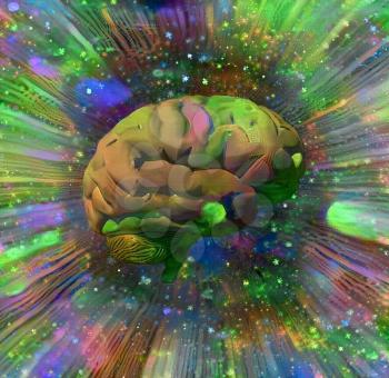 Vivid composition. Human brain in colorful rays of light