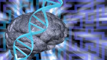 DNA strand and brain on maze background