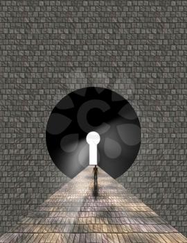 Man stands before keyhole