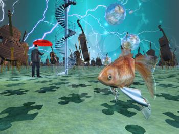 Surreal scene with various eelements