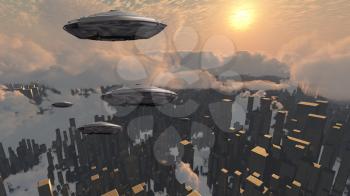 Flying saucers over futuristic megapolis. Sunset
