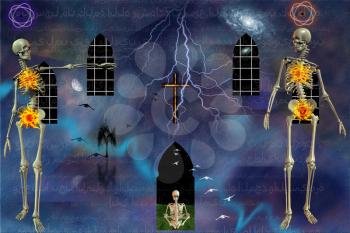 Spiritual composition with skeletons, atoms and ancient windows. Inscriptions in Arabic