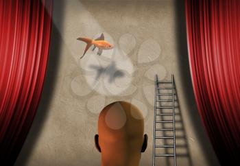 Surrealism. Bald man stands on a stage with ladder and golden fish. 3D rendering