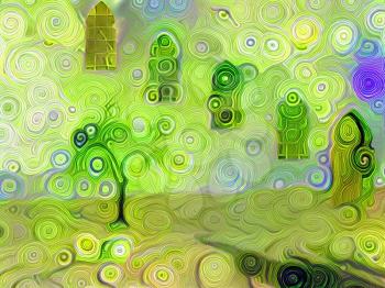 Abstract painting in green colors. Ancient windows
