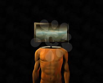 Surrealism. Man body with TV-screen instead of face. Mass media