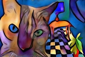 Contemporary art. Colorful cat in living room