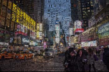 Time square at night. Image composed entirely of words
