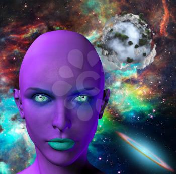 The face of female alien. Colorful universe and abstract exoplanet on a background.