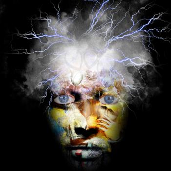 Surreal composition. Face with third eye and stormy cloud