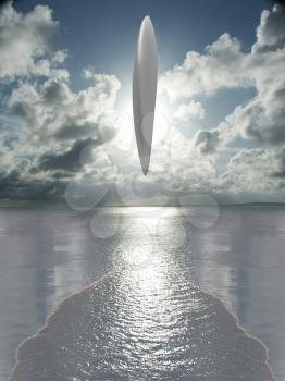 UFO hovers above ocean surface. Clouds in sky. 3D rendering