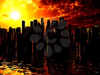 City on water sunset or sunrise