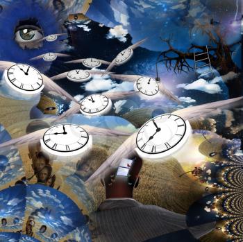 Dreamlike Illustration. Winged clocks represents flow of time