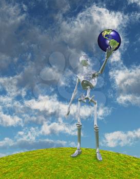 Shiny Silver Robot Stands on Hilltop Arm Outstretched Holding Earth Model