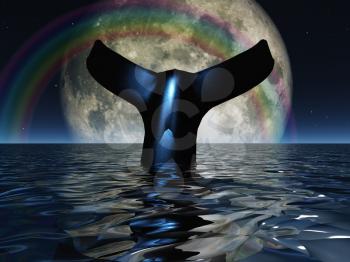 Whale tail in surreal ocean on exoplanet. Full moon in the sky