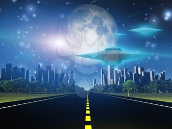 Highway to city with large moon and alien ships