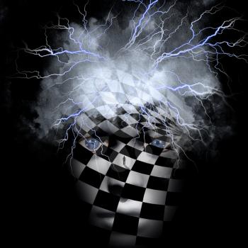 Checkered face with lightnings and cloud