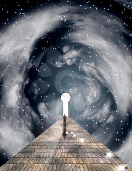 Surreal painting. Figure of man walking on stone road to the keyhole in space.
