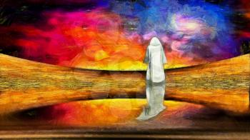 Surreal painting. Figure in white cloak stands in unreal land. Vivid sky.