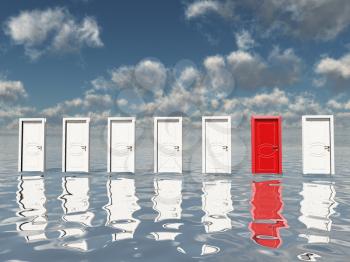 Sigle red door among several floating doorsin surreal landscape or silvery water and blue sky