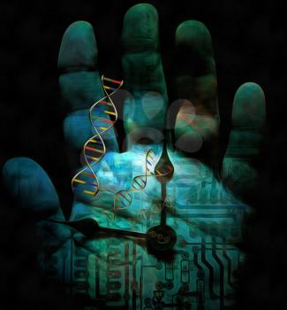 Surrealism. Human's palm with clock hands and DNA chains. Electronic circuit on a background.