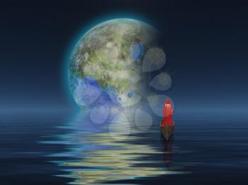 Figure in cloak floats in boat towards terraformed moon.