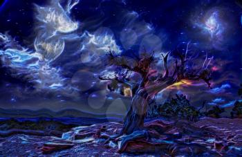 Surreal painting. Old tree, full moon and mystic clouds in the sky.