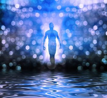 Man's figure walks on water. 3D rendering.