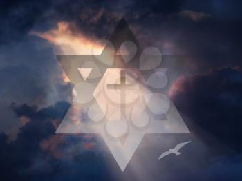 Cross inside Star of David in Sky