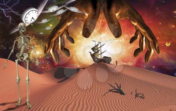 God's hands over surreal red desert. Skeleton and winged clocks. Ancient ship on sand dune and figure of man in a distance.