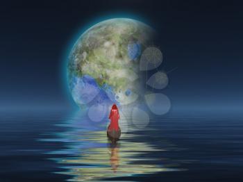 Figure in cloak floats in boat towards terraformed moon. (figure,cloak,boat,terraformed,moon,monk,pilgrim,future,colony,interstellar)