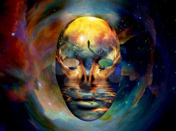 Mask with the image of man, hands of a prayer and seashore. Colorful universe on background.