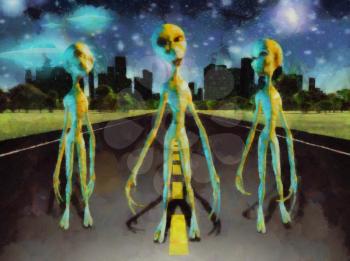 Fantastic painting. Three aliens stands on the road. City at the horizon