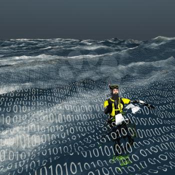 Diver floats at surface of binary sea. Computer and internet concept
