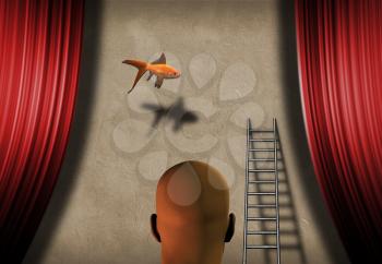 Bald man stands before stage with red drapes, ladder and gold fish.