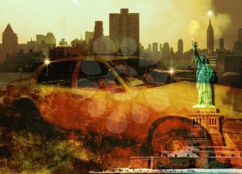 New York Yellow Cab. Liberty Statue. Manhattan skyline