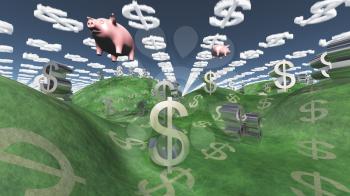 Money success fantasy landscape with floating pigs