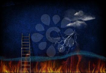 Abstract painting. Ladder leading from fire to sky
