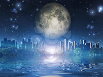 Surreal digital art. City surrounded by green trees in water world. Giant moon in the sky.