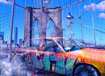 Surreal digital art. Yellow cab on the Brooklyn bridge. Graffiti elements.
