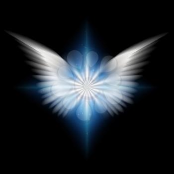 Surreal digital art. Bright star with white angel's wings. 3D rendering