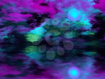 Abstract painting. Purple sunset over water. 3D rendering
