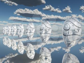 Surreal white faces float about reflecting sureface. 3D rendering.