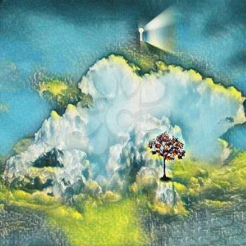 Surreal painting. Keyhole in cloudy sky. Tree with red leaves.