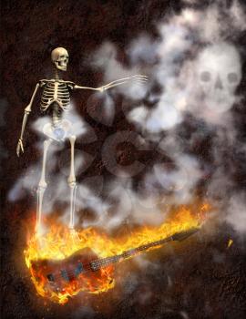 Bass Guitar in Fire and Skeleton