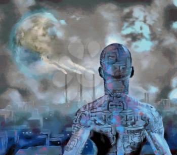Surreal painting. Droid stands before futuristic city. Terraformed moon in the sky.