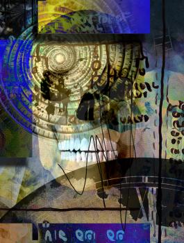 Surreal composition. Human skull and time spiral vortex. Ancient script on the background