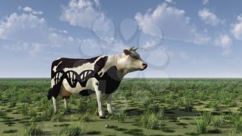 Surrealism. 3D rendering. Cow with DNA chain sign stands on green field.