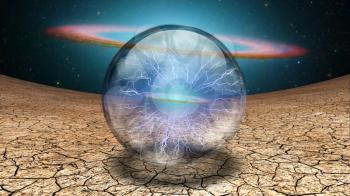 Surrealism. Splash of lightnings inside crystal ball. Galaxy disk on a background.