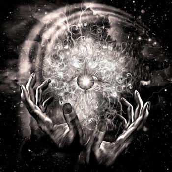 Surreal painting. Eye of God in the universe. Hands of prayer.